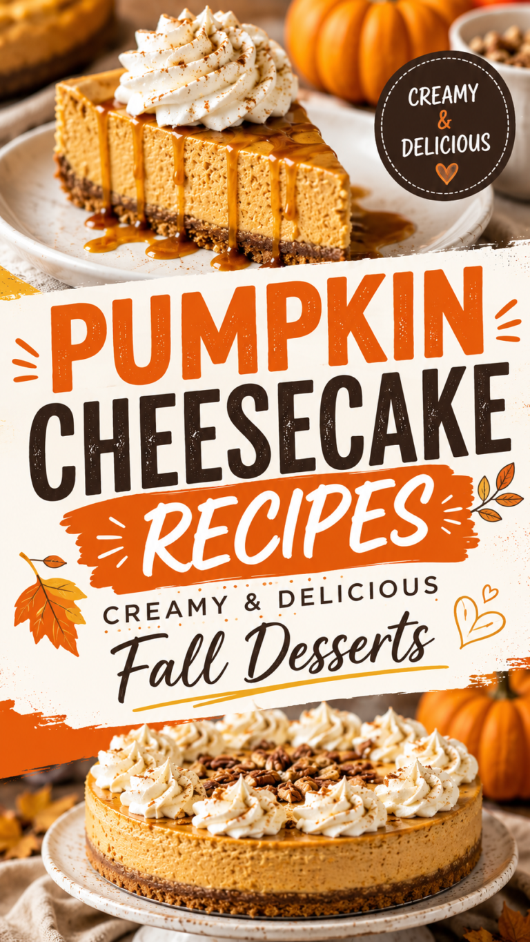 # Pumpkin Cheesecake Recipes: Creamy & Delicious Fall Desserts There’s something about pumpkin cheesecake that feels made for fall. You get the warm cinnamon-and-pumpkin flavors of a classic autumn dessert, but with the rich, creamy texture of cheesecake. It’s basically two favorite desserts rolled into one. And while a traditional pumpkin cheesecake is always delicious, there are so many other ways to enjoy this combination. You can make cheesecake bars for a party, mini cheesecakes for individual servings, no-bake versions when you don't want to turn on the oven, or even add caramel, chocolate, or pecans when you want something extra special. These **pumpkin cheesecake recipes** are perfect for everything from a quiet fall weekend to a big Thanksgiving dessert table. Most can also be prepared ahead of time, which is especially helpful during the busy holiday season. ## Why Pumpkin Cheesecake Is Perfect for Fall Pumpkin pie may get most of the attention once Thanksgiving arrives, but cheesecake is an easy way to give those familiar flavors a richer twist. Pumpkin puree naturally blends into cheesecake filling, while cinnamon, nutmeg, ginger, and vanilla give it that unmistakable fall flavor. Add a buttery graham cracker or cookie crust and you have a dessert that feels special without being overly complicated. Another reason I love pumpkin cheesecake is how easily you can change it. Want something traditional? Make a classic baked cheesecake. Need something easier? Try cheesecake bars. Don't want to bake? A no-bake version works beautifully. Need individual desserts for a party? Mini cheesecakes are perfect. Here are some delicious ways to make pumpkin cheesecake all season long. ## 1. Classic Pumpkin Cheesecake If you're making pumpkin cheesecake for the first time, start here. This version has a buttery graham cracker crust and a smooth pumpkin-spiced filling that works beautifully for Thanksgiving or any fall gathering. **What you'll need** For the crust: * 2 cups graham cracker crumbs * 6 tablespoons melted butter * 2 tablespoons brown sugar For the filling: * 24 ounces cream cheese, softened * 1 cup pumpkin puree * 3/4 cup granulated sugar * 1/2 cup brown sugar * 3 large eggs * 1 teaspoon vanilla extract * 1 1/2 teaspoons ground cinnamon * 1/2 teaspoon ground ginger * 1/4 teaspoon ground nutmeg * Pinch of salt **How to make it** Preheat your oven to 325°F. Mix the graham cracker crumbs, melted butter, and brown sugar until everything looks evenly moistened. Press the mixture firmly into the bottom of a 9-inch springform pan. Bake the crust for about 8 minutes, then let it cool slightly. Beat the softened cream cheese until smooth. Add both sugars and mix until combined. Beat in the pumpkin puree, vanilla, spices, and salt. Add the eggs one at a time, mixing on low speed just until incorporated. Pour the filling over the crust and smooth the top. Bake for approximately 50–60 minutes. The edges should look set while the center still has a slight wobble. Turn off the oven, crack the door, and allow the cheesecake to cool gradually for about an hour. Refrigerate for at least 6 hours, preferably overnight. Serve with whipped cream and a sprinkle of cinnamon. ## 2. Easy Pumpkin Cheesecake Bars Cheesecake bars are one of my favorite options when I'm serving a crowd. They're easier to cut and serve than a full cheesecake, and you don't need a springform pan. **You'll need:** * 2 cups graham cracker crumbs * 1/2 cup melted butter * 16 ounces cream cheese * 1 cup pumpkin puree * 3/4 cup sugar * 2 large eggs * 1 teaspoon vanilla * 1 teaspoon cinnamon * 1/2 teaspoon pumpkin pie spice Mix the graham cracker crumbs with melted butter and press them into a parchment-lined 9x13-inch baking pan. Beat the cream cheese and sugar until creamy, then add pumpkin, vanilla, cinnamon, and pumpkin pie spice. Mix in the eggs one at a time. Spread the filling over the crust. Bake at 325°F for approximately 35–40 minutes, or until the center is mostly set. Cool completely before refrigerating for at least four hours. Lift the cheesecake from the pan using the parchment paper and cut it into squares. For serving, add a small swirl of whipped cream to each square and dust with cinnamon. ## 3. No-Bake Pumpkin Cheesecake When your oven is already busy with dinner, a no-bake dessert can be incredibly convenient. This version is lighter than traditional baked cheesecake but still has plenty of creamy pumpkin flavor. **You'll need:** * 1 prepared graham cracker crust * 16 ounces cream cheese, softened * 1 cup pumpkin puree * 3/4 cup powdered sugar * 1 teaspoon vanilla * 1 teaspoon cinnamon * 1/2 teaspoon pumpkin pie spice * 1 1/2 cups whipped topping Beat the cream cheese until completely smooth. Add pumpkin puree, powdered sugar, vanilla, cinnamon, and pumpkin pie spice. Mix until creamy. Gently fold in the whipped topping rather than beating it into the mixture. This helps keep the filling light. Spoon everything into your prepared crust and smooth the top. Refrigerate for at least 6 hours before serving. Overnight chilling gives you an even firmer texture. Decorate with whipped cream just before serving. ## 4. Mini Pumpkin Cheesecakes Mini cheesecakes are perfect when you want a dessert that already comes portioned. They're especially useful for Thanksgiving parties, fall potlucks, Halloween gatherings, or dessert buffets. **You'll need:** * 1 cup graham cracker crumbs * 3 tablespoons melted butter * 12 ounces cream cheese * 1/2 cup pumpkin puree * 1/2 cup sugar * 1 large egg * 1 teaspoon vanilla * 1 teaspoon cinnamon * 1/4 teaspoon nutmeg Line a muffin pan with paper liners. Combine the graham cracker crumbs and butter, then place about a tablespoon of the mixture into each cup. Press firmly to create mini crusts. Beat cream cheese and sugar until smooth. Mix in the pumpkin, vanilla, cinnamon, and nutmeg before adding the egg. Divide the filling between the muffin cups. Bake at 325°F for approximately 18–22 minutes. Cool completely and refrigerate for at least three hours. Top each mini cheesecake with whipped cream, caramel sauce, or chopped pecans before serving. ## 5. Pumpkin Swirl Cheesecake This is one of the prettiest versions you can put on a fall dessert table. Instead of mixing pumpkin throughout the entire filling, you'll swirl pumpkin-spiced cheesecake into classic vanilla cheesecake. The result looks impressive but is surprisingly easy to create. Prepare your favorite graham cracker crust. For the filling, beat together: * 24 ounces cream cheese * 3/4 cup sugar * 3 eggs * 1 teaspoon vanilla * 1/2 cup sour cream Remove about one-third of the cheesecake mixture and combine it with: * 3/4 cup pumpkin puree * 1 teaspoon cinnamon * 1/2 teaspoon pumpkin pie spice Pour the plain cheesecake filling over your crust. Drop spoonfuls of pumpkin filling across the top. Use a butter knife or skewer to gently swirl the two mixtures together. Avoid mixing too much—you want visible ribbons of pumpkin. Bake at 325°F until the edges are set and the center has a slight wobble, approximately 50–60 minutes. Chill overnight before slicing. ## 6. Salted Caramel Pumpkin Cheesecake Pumpkin and caramel are one of those combinations that immediately tastes like fall. Start with the classic pumpkin cheesecake recipe, but give it a caramel finish. Once the cheesecake has chilled completely, drizzle salted caramel sauce over the top. Add whipped cream around the edges and finish with chopped pecans. You can also add a thin caramel layer immediately before serving. The saltiness balances the sweetness of the cheesecake and makes the pumpkin spices taste even richer. For Thanksgiving, this is a great alternative when you want something more indulgent than traditional pumpkin pie. ## 7. Pumpkin Pecan Cheesecake If you can't decide between pumpkin cheesecake and pecan pie, combine them. Prepare a classic pumpkin cheesecake and allow it to chill completely. For the topping, combine: * 1 cup chopped pecans * 1/3 cup brown sugar * 3 tablespoons butter * 2 tablespoons maple syrup * Pinch of salt Cook the mixture in a small saucepan over medium-low heat until the butter and sugar melt and the pecans become glossy. Let the topping cool slightly before spooning it over the cheesecake. The creamy pumpkin filling paired with buttery caramelized pecans makes this especially good for Thanksgiving. ## 8. Chocolate Pumpkin Cheesecake Chocolate may not be the first flavor you associate with pumpkin, but the combination works surprisingly well. An easy way to make it is by replacing the graham cracker crust with a chocolate cookie crust. Combine: * 2 cups crushed chocolate sandwich cookies * 5 tablespoons melted butter Press the mixture into your cheesecake pan and bake for about 8 minutes before adding the pumpkin filling. You can keep the filling traditional or stir in 1/2 cup of mini chocolate chips. Finish the chilled cheesecake with chocolate curls or a light chocolate drizzle. The chocolate flavor should complement the pumpkin rather than overpower it. ## 9. Maple Pumpkin Cheesecake Maple adds sweetness without hiding the warm pumpkin flavor. For this variation, reduce the granulated sugar in your classic pumpkin cheesecake filling and add about 1/3 cup pure maple syrup. A little maple can also be added to whipped cream. Beat heavy cream until it begins to thicken, then add a tablespoon or two of maple syrup and continue whipping until soft peaks form. Spoon the maple whipped cream over chilled cheesecake slices and finish with cinnamon. It's simple, cozy, and especially good for an autumn dinner party. ## 10. Pumpkin Cheesecake with Gingersnap Crust One of the easiest ways to change a pumpkin cheesecake is to change the crust. Gingersnap cookies have a stronger spice flavor than graham crackers, making them perfect with pumpkin. You'll need: * 2 cups finely crushed gingersnap cookies * 5 tablespoons melted butter * 1 tablespoon brown sugar Combine everything and press firmly into your cheesecake pan. Bake the crust for 8–10 minutes before adding the filling. The ginger flavor from the cookies pairs beautifully with cinnamon, nutmeg, and pumpkin. ## 11. Pumpkin Cheesecake Cups If you need an extremely easy fall dessert, make individual cheesecake cups. There's no baking required. Layer crushed graham crackers in small glasses or dessert cups, followed by no-bake pumpkin cheesecake filling. Repeat the layers and refrigerate until you're ready to serve. Finish each cup with whipped cream and one of these toppings: * Crushed gingersnap cookies * Chopped pecans * Caramel sauce * Cinnamon * Chocolate shavings * Maple drizzle Clear glasses work particularly well because you can see all those creamy pumpkin and crunchy cookie layers. ## 12. Pumpkin Cheesecake Brownies This recipe combines fudgy brownies with creamy pumpkin cheesecake. Prepare your favorite brownie batter and spread it into a lined baking pan. Then make a simple pumpkin cheesecake mixture using softened cream cheese, pumpkin puree, sugar, an egg, and pumpkin pie spice. Drop spoonfuls of the cheesecake mixture over the brownie batter. Use a knife to create gentle swirls before baking. Allow the brownies to cool completely before cutting them. Refrigerating them first makes cleaner slices. They're rich, so smaller squares are usually plenty. ## 13. Pumpkin Cheesecake Bites Cheesecake bites are great for parties because guests can grab one without needing a plate and fork. Bake pumpkin cheesecake in a square pan, then refrigerate it overnight. Once completely chilled, cut it into small bite-size squares. You can serve them as they are or decorate each one with whipped cream. For something more indulgent, drizzle the bites with melted chocolate or caramel. Keep them refrigerated until you're ready to serve. ## 14. Pumpkin Cheesecake Parfaits Parfaits give you all the flavor of cheesecake without worrying about baking or getting perfectly clean slices. Layer no-bake pumpkin cheesecake filling with crushed graham crackers or gingersnaps. For extra texture, add chopped toasted pecans between the layers. Repeat until your glasses are full. Refrigerate the parfaits for at least two hours, then add whipped cream just before serving. These are especially useful when you need to prepare dessert ahead for guests. ## 15. Pumpkin Cheesecake Pie Can't decide between pumpkin pie and cheesecake? This recipe sits right in the middle. Use a traditional pie crust or graham cracker crust and fill it with a lighter pumpkin cheesecake mixture. You'll need: * 16 ounces cream cheese * 1 cup pumpkin puree * 3/4 cup brown sugar * 2 eggs * 1 teaspoon vanilla * 1 teaspoon cinnamon * 1/2 teaspoon ginger * 1/4 teaspoon nutmeg Beat everything together until smooth, pour it into your prepared crust, and bake at 350°F for about 40–45 minutes. Allow the pie to cool completely before refrigerating. Serve cold with plenty of whipped cream. ## How to Make Pumpkin Cheesecake Come Out Perfectly Cheesecake isn't difficult, but a few small details make a big difference. **Start with room-temperature cream cheese.** Cold cream cheese is one of the main reasons cheesecake filling becomes lumpy. Give it enough time to soften before mixing. **Don't overmix after adding eggs.** Too much air in cheesecake batter can cause it to rise dramatically in the oven and then sink or crack as it cools. **Use pure pumpkin puree.** Pumpkin puree and pumpkin pie filling aren't the same thing. Pie filling already contains sweeteners and spices, which can throw off the flavor and texture of your recipe. **Cool cheesecake gradually.** Sudden temperature changes can encourage cracks. After baking, turn off the oven and leave the door slightly open while the cheesecake begins cooling. **Give it enough chilling time.** Cheesecake gets its best texture after several hours in the refrigerator. Whenever possible, make it the night before you plan to serve it. ## Easy Pumpkin Cheesecake Toppings One of the best things about these fall cheesecakes is how easily you can dress them up. For a simple finish, whipped cream and cinnamon are enough. For something a little more impressive, try: * Salted caramel sauce * Toasted pecans * Candied walnuts * Crushed gingersnaps * Chocolate curls * Maple whipped cream * Toffee pieces * Cinnamon sugar * Caramelized apples You can even create a topping station if you're serving mini cheesecakes at a fall party. ## Make-Ahead and Storage Tips Pumpkin cheesecake is actually better when made ahead because it needs plenty of time to chill. A baked cheesecake can usually be prepared one or two days before serving. Keep it covered in the refrigerator and wait to add whipped cream or decorative toppings until closer to serving time. Cheesecake bars and mini cheesecakes are also excellent make-ahead options. Store leftovers in an airtight container in the refrigerator for up to four or five days. Many baked cheesecakes can also be frozen. Wrap individual slices tightly and place them in a freezer-safe container. Thaw them overnight in the refrigerator whenever you're ready for dessert. ## Which Pumpkin Cheesecake Should You Make? With so many **pumpkin cheesecake recipes** to choose from, think about where you're serving dessert. For Thanksgiving dinner, a **classic pumpkin cheesecake, pumpkin pecan cheesecake, or salted caramel pumpkin cheesecake** makes a beautiful centerpiece. For parties and potlucks, **pumpkin cheesecake bars, mini cheesecakes, brownies, and cheesecake bites** are easier for guests to serve themselves. If you want something quick, go with **no-bake pumpkin cheesecake, cheesecake cups, or parfaits**. And if you're simply craving a cozy fall baking project, that pumpkin cheesecake with a spicy gingersnap crust is hard to beat. No matter which version you choose, pumpkin, warm spices, and creamy cheesecake are a combination worth making at least once every fall. ## Final Thoughts Pumpkin Cheesecake Recipes: Creamy & Delicious Fall Desserts You can keep things traditional with a classic baked pumpkin cheesecake or experiment with caramel, pecans, maple, chocolate, and gingersnap crusts. And when you're entertaining, mini cheesecakes, bars, parfaits, and cheesecake bites make serving incredibly easy. Save a few of these **pumpkin cheesecake recipes** for your fall baking list, because they're just as good for a cozy weekend dessert as they are for Thanksgiving dinner.