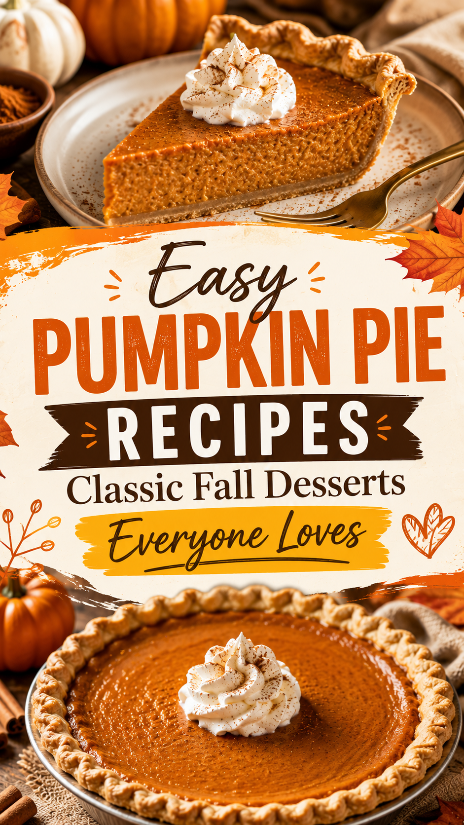 # Easy Pumpkin Pie Recipes: Classic Fall Desserts Everyone Loves **What if your pumpkin pie could be the dessert everyone remembers after Thanksgiving dinner?** Pumpkin pie doesn't need a complicated recipe to make an impression. A buttery crust, creamy pumpkin filling, warm spices, and a little whipped cream can turn a simple dessert into the reason people start saving room for dessert. And the nice thing about pumpkin pie is that you can keep it classic or have a little fun with it. Add maple syrup. Make a crumb topping. Swirl in cheesecake filling. Try a chocolate crust. Or make mini pumpkin pies when you want something guests can grab without reaching for a knife. I've put together five **easy pumpkin pie recipes** that are perfect for fall baking, Thanksgiving, family dinners, and cozy weekends at home. They're all built around that familiar pumpkin flavor we love, but each one has its own little twist. And there's a reason I'm putting the classic version first. **Sometimes you really don't need to mess with a good thing.** ## What You'll Need ### Classic Pumpkin Pie * 1 unbaked 9-inch pie crust * 1 can pumpkin puree, 15 ounces * 3/4 cup granulated sugar * 2 large eggs * 1 1/2 cups evaporated milk * 1 teaspoon ground cinnamon * 1/2 teaspoon ground ginger * 1/4 teaspoon ground nutmeg * 1/8 teaspoon ground cloves * 1/2 teaspoon salt * 1 teaspoon vanilla extract ### Maple Pumpkin Pie * 1 unbaked 9-inch pie crust * 1 can pumpkin puree, 15 ounces * 1/2 cup pure maple syrup * 1/4 cup brown sugar * 2 large eggs * 1 1/2 cups heavy cream * 1 teaspoon ground cinnamon * 1/2 teaspoon ground ginger * 1/4 teaspoon ground nutmeg * 1/4 teaspoon salt * 1 teaspoon vanilla extract ### Pumpkin Cheesecake Pie * 1 unbaked 9-inch pie crust * 1 can pumpkin puree, 15 ounces * 8 ounces cream cheese, softened * 1/2 cup granulated sugar * 2 large eggs * 1/2 cup sour cream * 1 teaspoon vanilla extract * 1 teaspoon ground cinnamon * 1/2 teaspoon pumpkin pie spice * 1/4 teaspoon salt ### Chocolate Pumpkin Pie * 1 unbaked 9-inch chocolate cookie crust * 1 can pumpkin puree, 15 ounces * 1/2 cup granulated sugar * 2 large eggs * 1 cup evaporated milk * 1/3 cup unsweetened cocoa powder * 1 teaspoon ground cinnamon * 1/2 teaspoon ground ginger * 1/4 teaspoon ground nutmeg * 1/4 teaspoon salt * 1 teaspoon vanilla extract ### Mini Pumpkin Pies * 1 package refrigerated pie crusts, 2 crusts * 1 can pumpkin puree, 15 ounces * 1/2 cup granulated sugar * 2 large eggs * 3/4 cup evaporated milk * 1 teaspoon ground cinnamon * 1/2 teaspoon ground ginger * 1/4 teaspoon ground nutmeg * 1/8 teaspoon ground cloves * 1/4 teaspoon salt * 1 teaspoon vanilla extract ## Tools You'll Need * 9-inch pie plate * 12-cup muffin pan * 3-inch round cookie cutter * Large mixing bowl * Medium mixing bowls * Whisk * Rubber spatula * Measuring cups and spoons * Rolling pin * Pastry brush * Cooling rack * Knife * Pie server * Electric hand mixer ## 5 Easy Pumpkin Pie Recipes for Fall ### 1. Classic Pumpkin Pie **This is the pumpkin pie that belongs on the Thanksgiving table.** Creamy pumpkin filling, warm cinnamon, ginger, nutmeg, and cloves all come together inside a buttery crust. And the smell coming from the oven is enough to make people start asking when dessert will be ready. Preheat your oven to **425°F**. Place the unbaked pie crust into a 9-inch pie plate. In a large bowl, whisk together the pumpkin puree, sugar, eggs, evaporated milk, cinnamon, ginger, nutmeg, cloves, salt, and vanilla. Pour the filling into the pie crust. Bake at **425°F for 15 minutes**. Reduce the oven temperature to **350°F** and continue baking for approximately **40 to 50 minutes**. The center should still have a slight jiggle when you gently move the pie. Insert a knife near the center if you want another way to check it. It should come out mostly clean. Remove the pie from the oven. Place it on a cooling rack and let it cool completely before slicing. **Don't cut into it while it's still hot.** The filling continues to set as it cools. Give it time and you'll get much cleaner slices. ## Pro Tips * **Use pumpkin puree, not pumpkin pie filling.** Pumpkin pie filling already contains sugar and spices. * **Don't overbake the pie.** A slight jiggle in the center is a good sign. * **Cool completely before slicing.** This helps the custard set properly. * **Use room-temperature eggs.** They blend more easily into the filling. * **Keep the crust edge covered if needed.** If the crust starts browning too quickly, cover the edges loosely with foil. ### 2. Maple Pumpkin Pie **Maple syrup gives pumpkin pie a deeper sweetness that feels right at home on a fall dessert table.** The maple flavor isn't overpowering. It just adds another layer underneath all those warm spices. Preheat your oven to **425°F**. Place the pie crust into a 9-inch pie plate. Whisk together the pumpkin puree, maple syrup, brown sugar, eggs, heavy cream, cinnamon, ginger, nutmeg, salt, and vanilla. Pour the filling into the crust. Bake for **15 minutes at 425°F**. Reduce the temperature to **350°F**. Continue baking for approximately **40 to 50 minutes**. Check the center toward the end. It should be set around the edges with a gentle jiggle in the middle. Remove the pie from the oven. Cool completely on a rack. Serve with whipped cream or a small drizzle of maple syrup. **Use real maple syrup here if possible.** The flavor is more noticeable and works beautifully with pumpkin and warm spices. ### 3. Pumpkin Cheesecake Pie **Can't decide between pumpkin pie and cheesecake? Make both in the same dessert.** This version has the familiar pumpkin flavor you expect from a fall pie, but cream cheese and sour cream make the filling extra creamy. Preheat your oven to **350°F**. Place the unbaked pie crust into a 9-inch pie plate. In a large bowl, beat the softened cream cheese and sugar until smooth. Add the pumpkin puree, eggs, sour cream, vanilla, cinnamon, pumpkin pie spice, and salt. Mix until the filling is smooth. Pour it into the pie crust. Bake for approximately **45 to 50 minutes**. The edges should be set while the center still has a slight wobble. Remove from the oven. Let the pie cool completely. Refrigerate for at least **3 hours** before slicing. **The chilling time matters here.** It gives the cream cheese filling time to firm up and makes the texture much easier to slice. ### 4. Chocolate Pumpkin Pie **Pumpkin and chocolate might not be the first pairing that comes to mind, but give it a chance.** The cocoa adds a deeper flavor while cinnamon, ginger, and nutmeg keep the dessert firmly in fall territory. Preheat your oven to **425°F**. Place the chocolate cookie crust in a pie plate if needed. In a large bowl, whisk together the pumpkin puree, sugar, eggs, evaporated milk, cocoa powder, cinnamon, ginger, nutmeg, salt, and vanilla. Pour the filling into the crust. Bake for **15 minutes at 425°F**. Reduce the oven temperature to **350°F**. Continue baking for approximately **35 to 45 minutes**. The center should be mostly set with a slight jiggle. Remove from the oven. Let the pie cool completely before serving. A little whipped cream on top works especially well here. **Don't add extra cocoa powder just because you love chocolate.** Too much cocoa can make the filling dry and overpower the pumpkin. ### 5. Mini Pumpkin Pies **These are perfect when you don't want to deal with slicing an entire pie.** They're also a fun option for Thanksgiving parties, classroom gatherings, brunches, and dessert tables. Preheat your oven to **375°F**. Lightly grease a 12-cup muffin pan. Roll out the refrigerated pie crusts. Use a 3-inch round cookie cutter to cut circles from the dough. Press one dough circle into each muffin cup. In a large bowl, whisk together the pumpkin puree, sugar, eggs, evaporated milk, cinnamon, ginger, nutmeg, cloves, salt, and vanilla. Fill each crust with the pumpkin mixture. Don't fill them all the way to the top. Bake for approximately **20 to 25 minutes**. The filling should be set around the edges. Let the mini pies cool in the pan for about 10 minutes. Transfer them to a cooling rack. Let them cool completely before serving. **Make a few extra.** Small desserts have a funny way of making people think it's perfectly reasonable to have two. ## How Do You Know When Pumpkin Pie Is Done? This is one of the easiest places to go wrong. You don't want the filling to look completely firm when you pull it from the oven. A properly baked pumpkin pie should have **set edges and a slightly jiggly center**. Think of the movement of a soft custard rather than liquid batter. The pie will continue cooking from the residual heat after it comes out of the oven. It will also firm up as it cools. If you bake it until the entire center looks completely solid, you may end up with a filling that's dry or cracked. **A little wobble is your friend.** ## Should You Blind Bake the Crust? For a traditional pumpkin pie, you usually don't need to blind bake the crust first. The pumpkin filling goes directly into the unbaked crust. If you prefer an especially crisp crust, you can partially blind bake it first. Just keep in mind that the crust can become more delicate when you add a warm custard filling. For these recipes, the simpler approach is to use the unbaked crust and bake the pie according to the recipe. ## Substitutions and Variations There are plenty of ways to change these pies without completely reinventing them. **Pumpkin puree:** Homemade pumpkin puree can be used as long as it isn't watery. **Evaporated milk:** Whole milk can work, though the filling may be slightly less rich. **Heavy cream:** Half-and-half can be used in the maple version. **Maple syrup:** Use additional brown sugar if you don't have maple syrup. **Pecans:** Add chopped pecans to the top of any pumpkin pie for crunch. **Spices:** Use pumpkin pie spice instead of measuring individual spices. **Chocolate cookie crust:** A regular graham cracker crust also works with the chocolate filling. **Cream cheese:** For a lighter cheesecake-style filling, use reduced-fat cream cheese. You can also add toppings after the pie has cooled. Try: * Whipped cream * Caramel sauce * Chopped pecans * Toasted walnuts * Cinnamon * Maple syrup * Chocolate shavings ## Make-Ahead Tips **Pumpkin pie is actually a great make-ahead dessert.** For a Thanksgiving meal, you can bake the pie **1 to 2 days before serving**. Let it cool completely. Cover it and refrigerate it. The mini pies can also be prepared a day ahead. The cheesecake version is especially well suited to making ahead because it needs several hours to chill anyway. For the cleanest slices, take the pie out of the refrigerator shortly before serving. Don't leave custard-based pumpkin pie sitting at room temperature for an extended period. ## How to Prevent a Cracked Pumpkin Pie A few simple things help. First, don't overbake it. That's the big one. Second, avoid beating the filling excessively. You don't need to whip a pumpkin custard until it's fluffy. Just whisk the ingredients until they're evenly combined. And finally, let the pie cool gradually. A cracked pie is still perfectly edible, so don't panic if it happens. **A little whipped cream can cover a lot of things.** ## What to Serve With Pumpkin Pie Pumpkin pie already has plenty of flavor, so you don't need anything complicated. Try serving it with: * Fresh whipped cream * Vanilla ice cream * Caramel sauce * Maple whipped cream * Chopped pecans * Toasted walnuts * Cinnamon * Coffee * Hot apple cider For Thanksgiving, a simple dollop of whipped cream is usually enough. For a cozy weekend dessert, warm a slice slightly and add vanilla ice cream. That combination is hard to argue with. ## Leftovers and Storage Pumpkin pie should be refrigerated after it cools. Place leftovers in the refrigerator and use them within **3 to 4 days**. Cover the pie loosely with plastic wrap or foil. For mini pumpkin pies, store them in an airtight container in the refrigerator. Pumpkin pie can also be frozen. Wrap the completely cooled pie tightly in plastic wrap, then place it in a freezer-safe container or wrap it again with foil. For the best quality, use frozen pumpkin pie within about **1 to 2 months**. Thaw it in the refrigerator before serving. **Don't freeze a pie with whipped cream already on top.** Add the whipped cream after thawing instead. ## Frequently Asked Questions **Can I use canned pumpkin puree for pumpkin pie?** Yes. Canned pumpkin puree is convenient and works very well for pumpkin pie. Just make sure you're using plain pumpkin puree rather than pumpkin pie filling. **Why is my pumpkin pie watery?** It may be underbaked, or the filling may have had too much liquid. Allow the pie to cool completely because the custard continues to set as it cools. **Why did my pumpkin pie crack?** Overbaking is a common reason. The filling can also crack if it's mixed excessively or cooled too quickly. **Can I make pumpkin pie the day before Thanksgiving?** Absolutely. Pumpkin pie is well suited to making ahead. Bake it the day before, cool it completely, cover it, and refrigerate. **Does pumpkin pie need to be refrigerated?** Yes. Because pumpkin pie contains an egg-based custard filling, leftovers should be refrigerated. **Can I freeze pumpkin pie?** Yes. Cool it completely, wrap it tightly, and freeze it. Thaw it in the refrigerator before serving. **Can I use pumpkin pie spice instead of individual spices?** Yes. For the classic pie, you can use pumpkin pie spice in place of the cinnamon, ginger, nutmeg, and cloves. **How do I get clean pumpkin pie slices?** Let the pie cool completely before slicing. For especially clean cuts, use a sharp knife and wipe the blade between slices. **Can I make mini pumpkin pies without a muffin pan?** A standard muffin pan makes the process easiest, but you can also make small individual pies in small pie dishes or tart pans. ## Wrapping Up **A good pumpkin pie doesn't need a dozen ingredients or complicated techniques.** The classic version is still one of the easiest ways to bring that familiar fall flavor to the table. But if you're ready to switch things up, the maple version adds a deeper sweetness, the cheesecake pie makes things extra creamy, and the chocolate version gives pumpkin a completely different personality. And those mini pies? They're perfect when you want everyone to have their own little dessert. Start with the classic recipe if you're making pumpkin pie for the first time. Once you've got that down, try one of the variations the next time you're craving something different. **Just remember the two big rules: don't overbake it and let it cool before slicing.** Those two little details can make a huge difference. If you make one of these **easy pumpkin pie recipes**, leave a comment and tell me which version you tried. I'd love to hear which one made it onto your fall dessert table. ## AI Image Generator Prompt Easy Pumpkin Pie Recipes: Classic Fall Desserts Everyone Loves